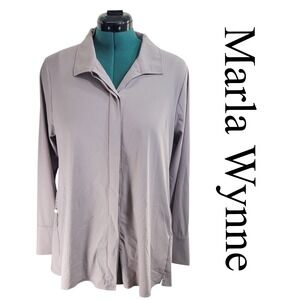 Marla Wynne Button Up Shirt Womens L Mauve Taupe Nylon Stretch Tunic Pleat Back